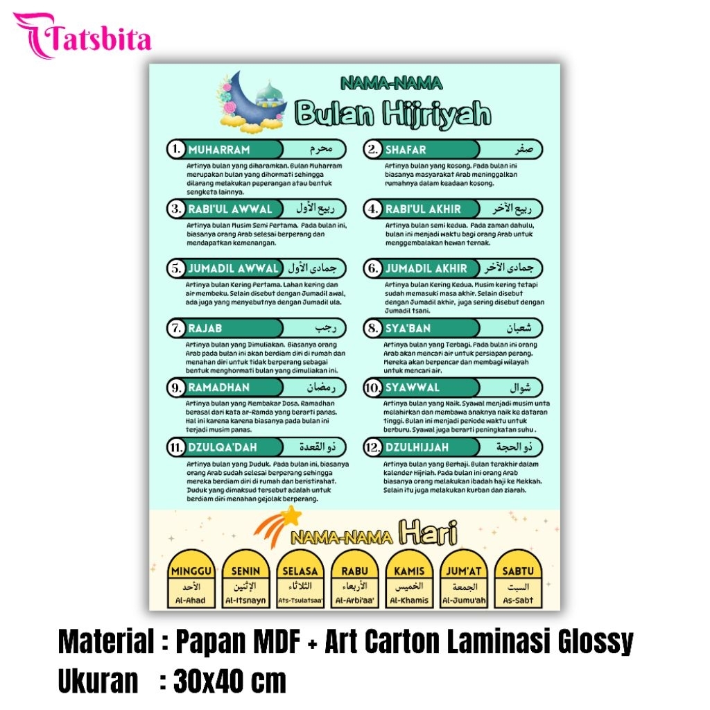 TATSBITA Pajangan Hiasan Dinding Dekorasi Wall Decor Nama-Nama Bulan Hijriyah & Hari Dalam Islam Uku