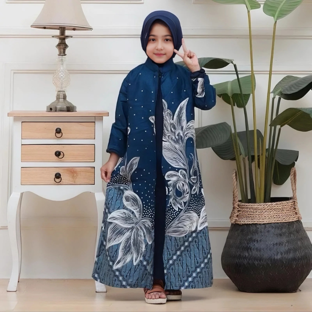 Gamis Batik Anak Kain Katun Kombinasi Polos Jet Black Umur 2 Sampai 13 Tahun Motif Anggrek Batik Sau
