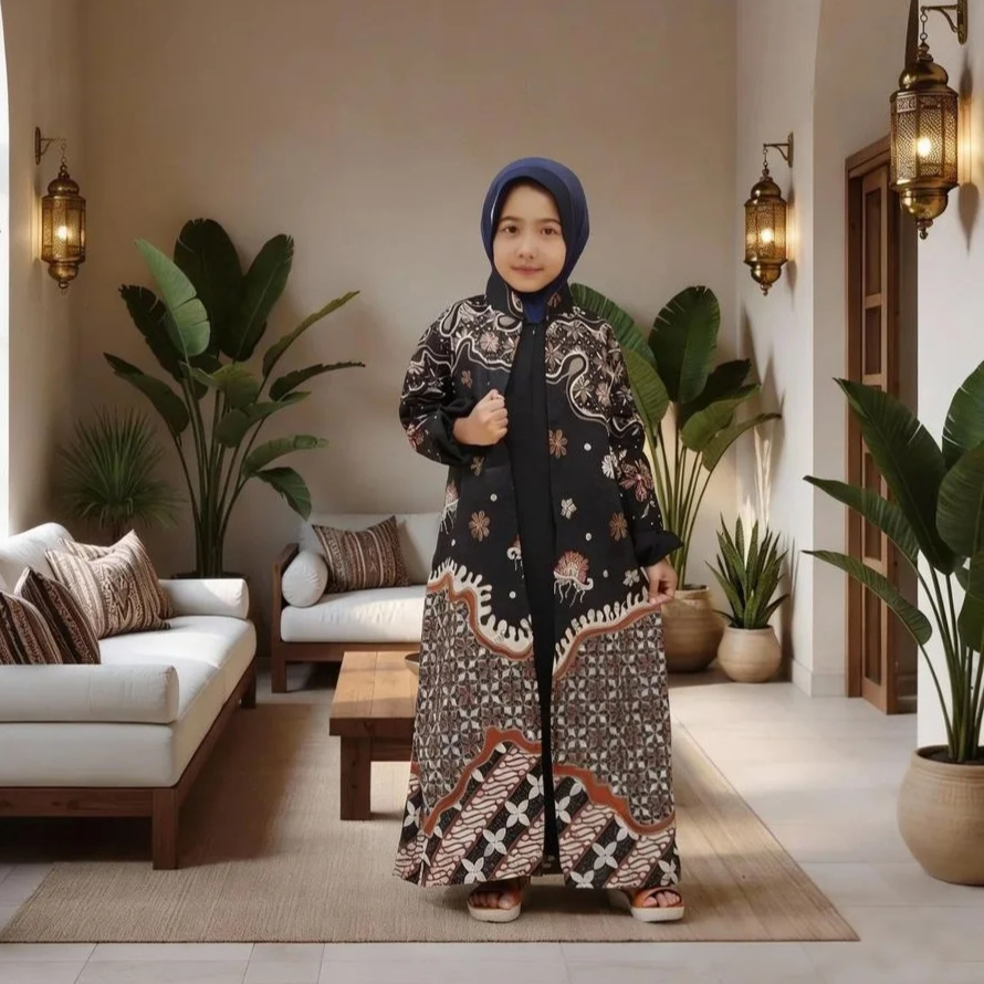 Batik Gamis Anak Kain Katun Kombinasi Polos Usia 2 Sampai 13 Tahun Motif
