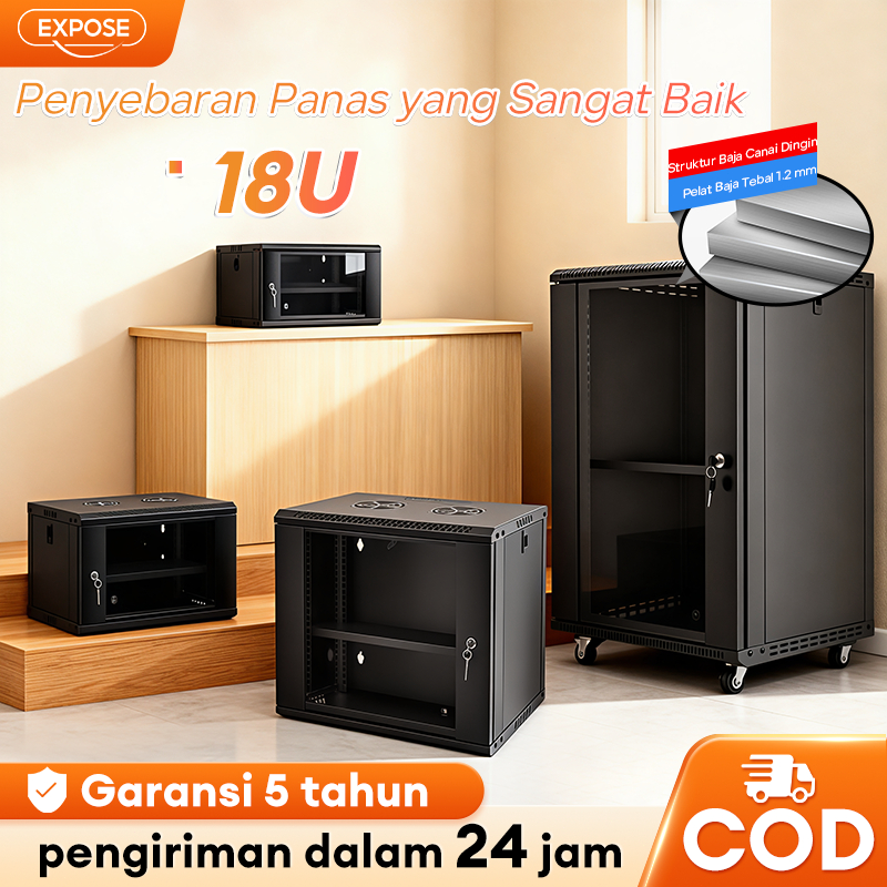 EXPOSE Rak Server 18U Material Kuat Pintu Kaca Ventilasi Udara Aman untuk Ruang Data Pusat