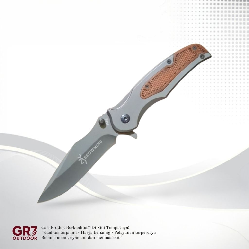 Pisau Survival Lipat Outdoor Browning X46 Premium Solid Steel Gagang Kayu Ergonomis