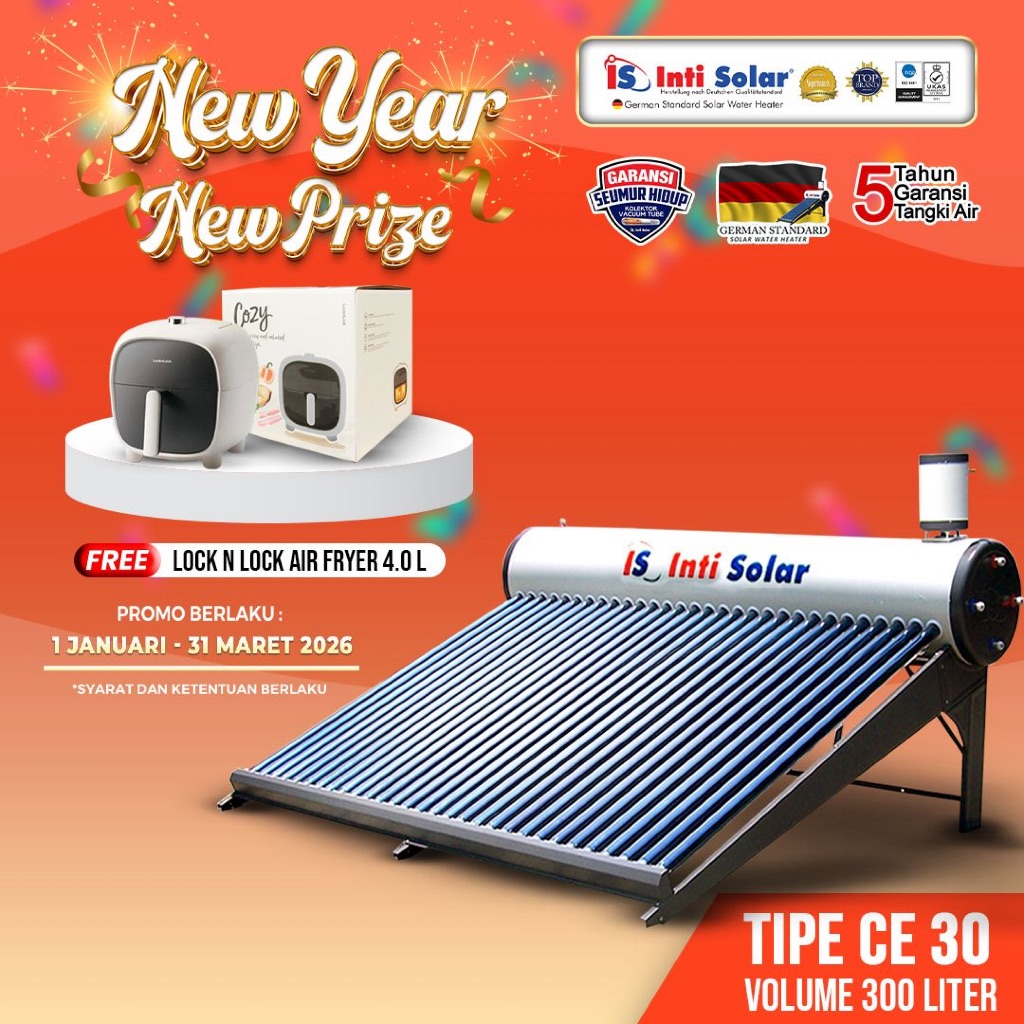 Inti Solar Tipe 30 CE Color Coated Tangki 300 Liter Stainless Steel 304 Garansi 5 Tahun Heater Listr