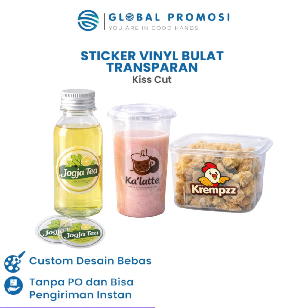 Cetak Stiker Vinyl Transparan Bulat | Label Logo & Makanan | Tahan Air | Kiss Cut