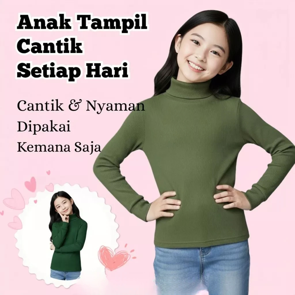 OTStar.CO Kaos Anak Turtleneck Lengan Panjang Bahan Rib Premium 4-12 Tahun COD untuk Anak Perempuan 