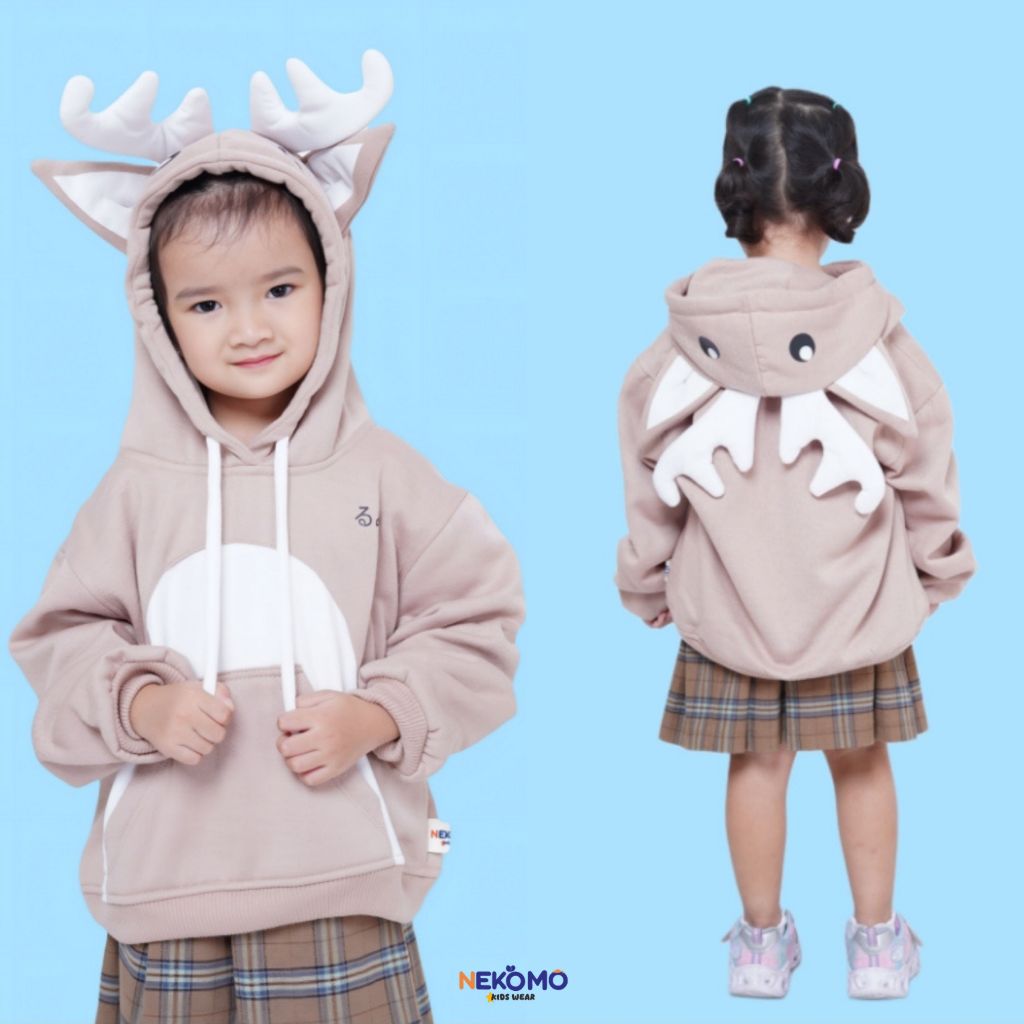 NEKOMO Jaket Anak Motif Rusa Bertanduk 3D Lucu| Usia 2-8 Tahun