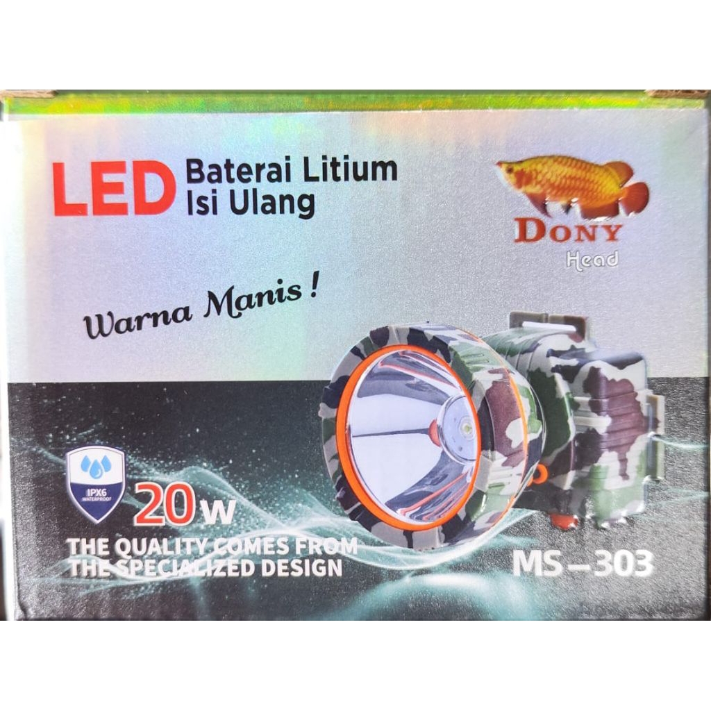 Lampu LED Head Dony MS-303 20W Loreng | Baterai Lithium Isi Ulang IPX6 Motif Loreng