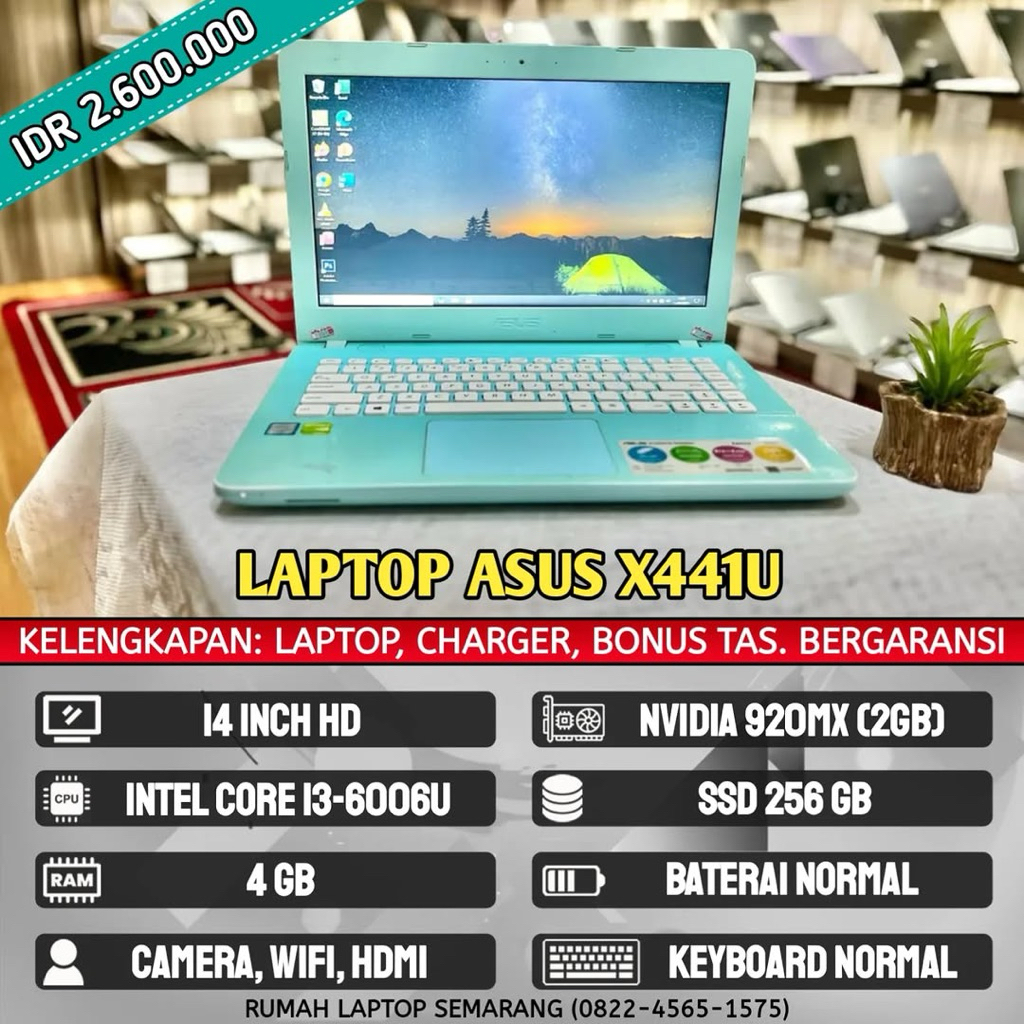 Laptop Asus X441U (second). Intel Core i3-6006U. RAM 4 GB. SSD 256 GB. VGA Nvidia 920MX (2 GB)
