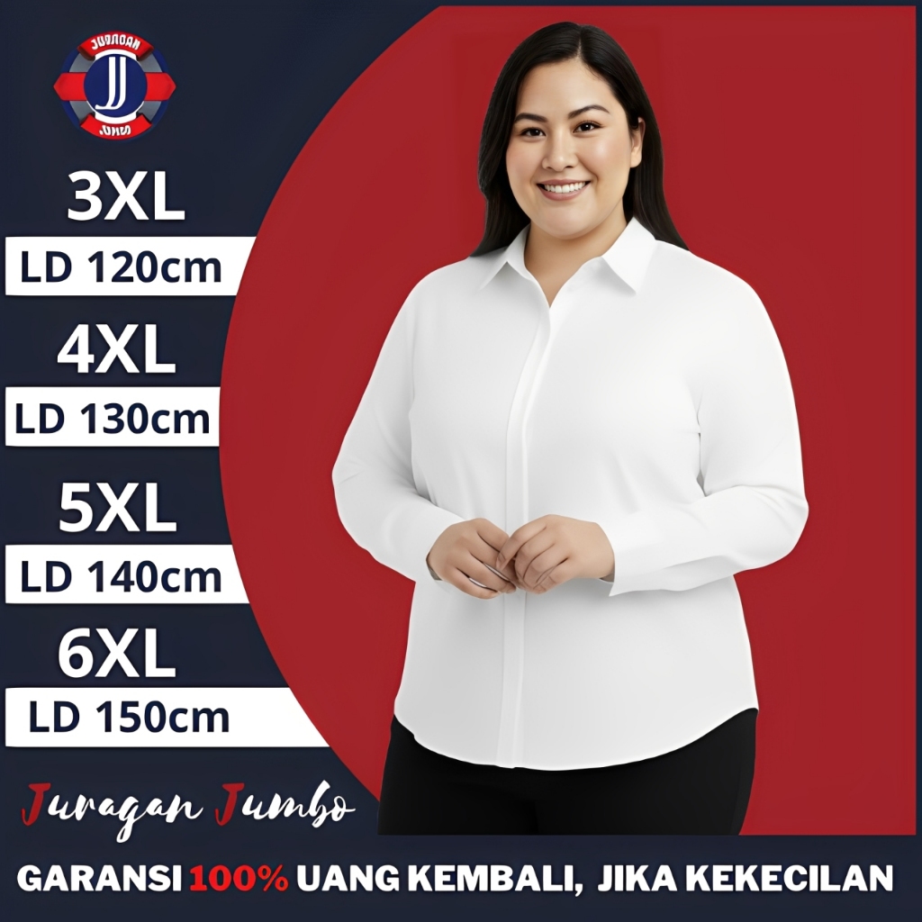Kemeja Putih Wanita Jumbo LD 120 130 140 150 Basic Lengan Panjang Polos Kerja Kantor