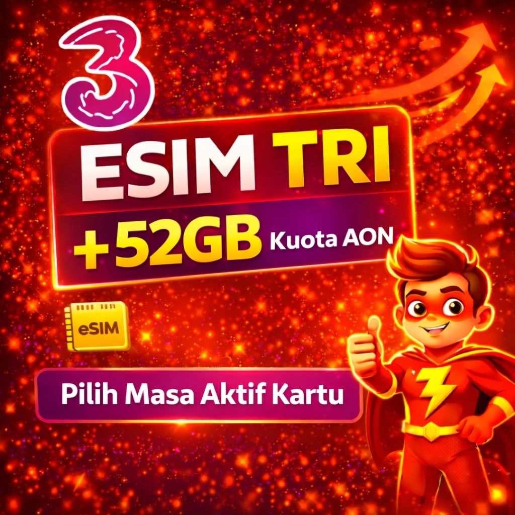 PERDANA TRI FISIK & ESIM + KUOTA AON 52GB MASA AKTIF KARTU 1 TAHUN