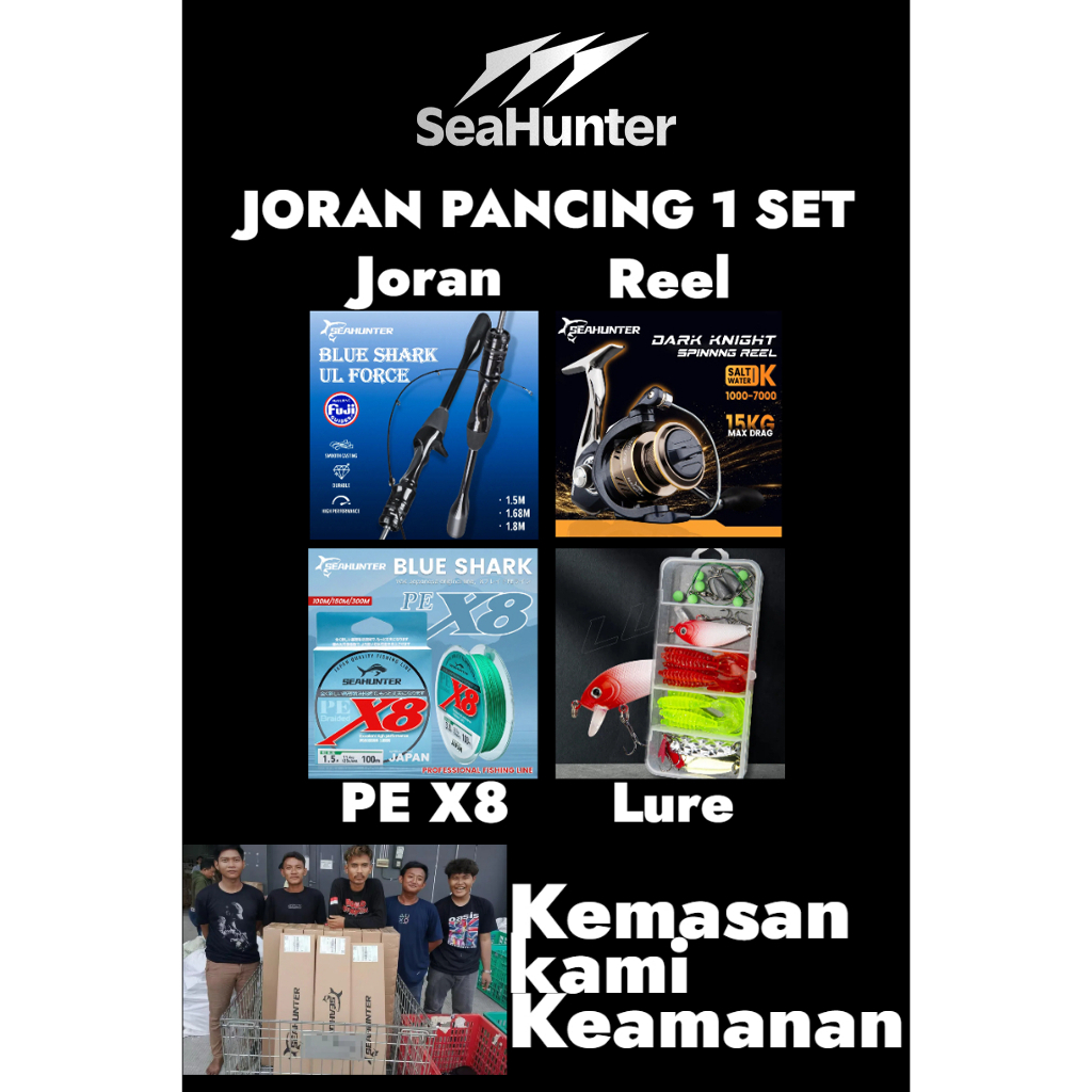 SeaHunter Joran Pancing 1 Set : Blue Shark Spinning Joran+DK Reel 3000+Blue Shark PE X8 150M Senar +