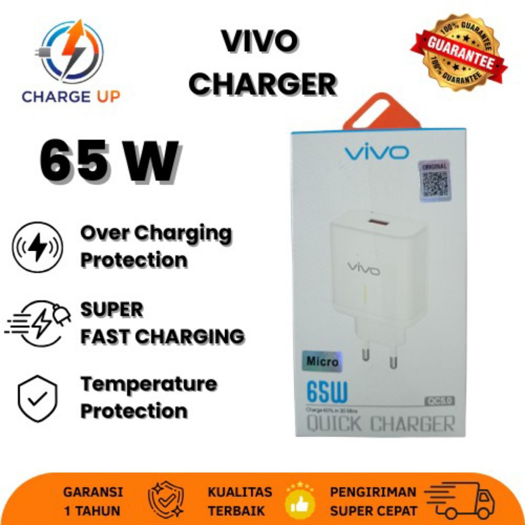 Charger Vivo 65W Fast Charging Original - Satu Set Charger Vivo Quick Charge 65 Watt | Proteksi Suhu