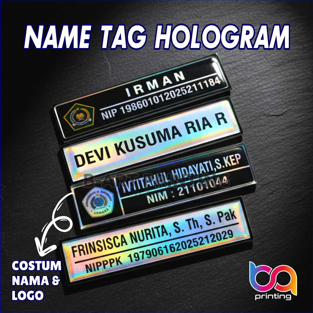 Name Tag Hologram Costum Nama Dada Hologram Rainbow  Papan Nama Akrilik Peniti dan Magnet Nametag Na