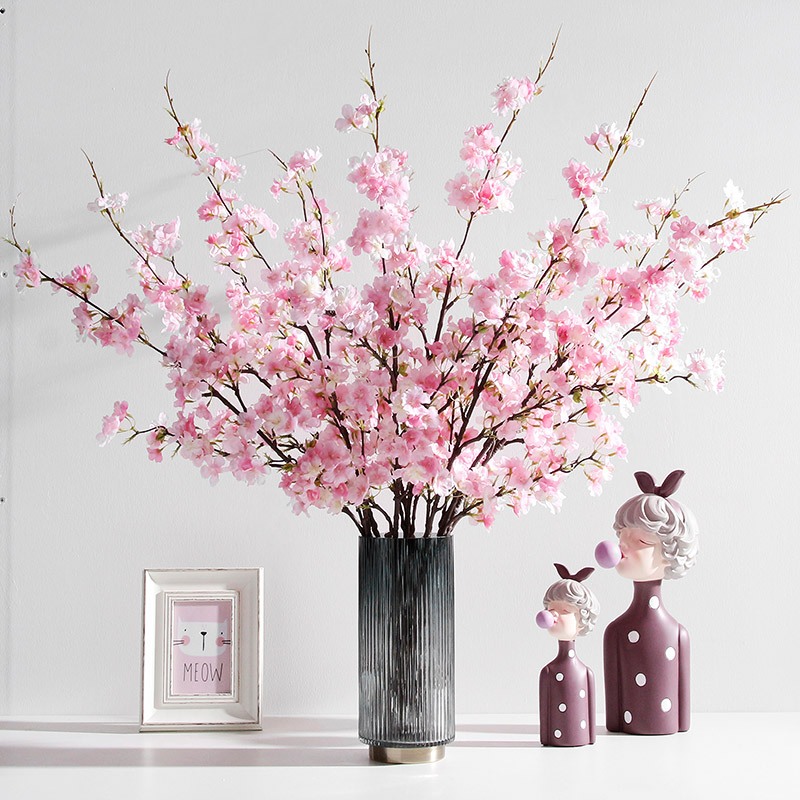 Bunga sakura palsu tunggal 4 cabang bahan plastik untuk hiasan living room dan pernikahan grosir