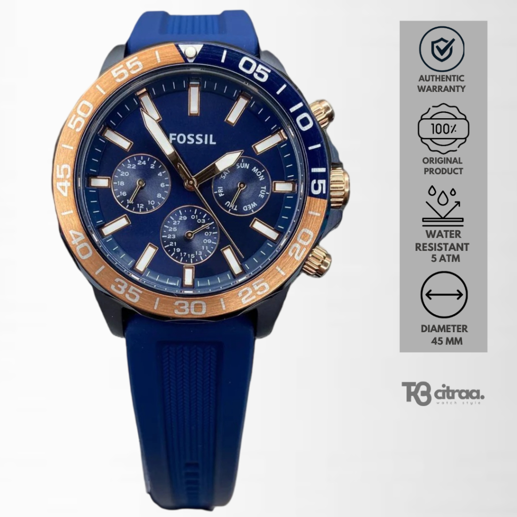 Jam Tangan Pria Fossil Bannon Multifunction Cronograph Blue Rubber Silicone Sporty Casual Original B