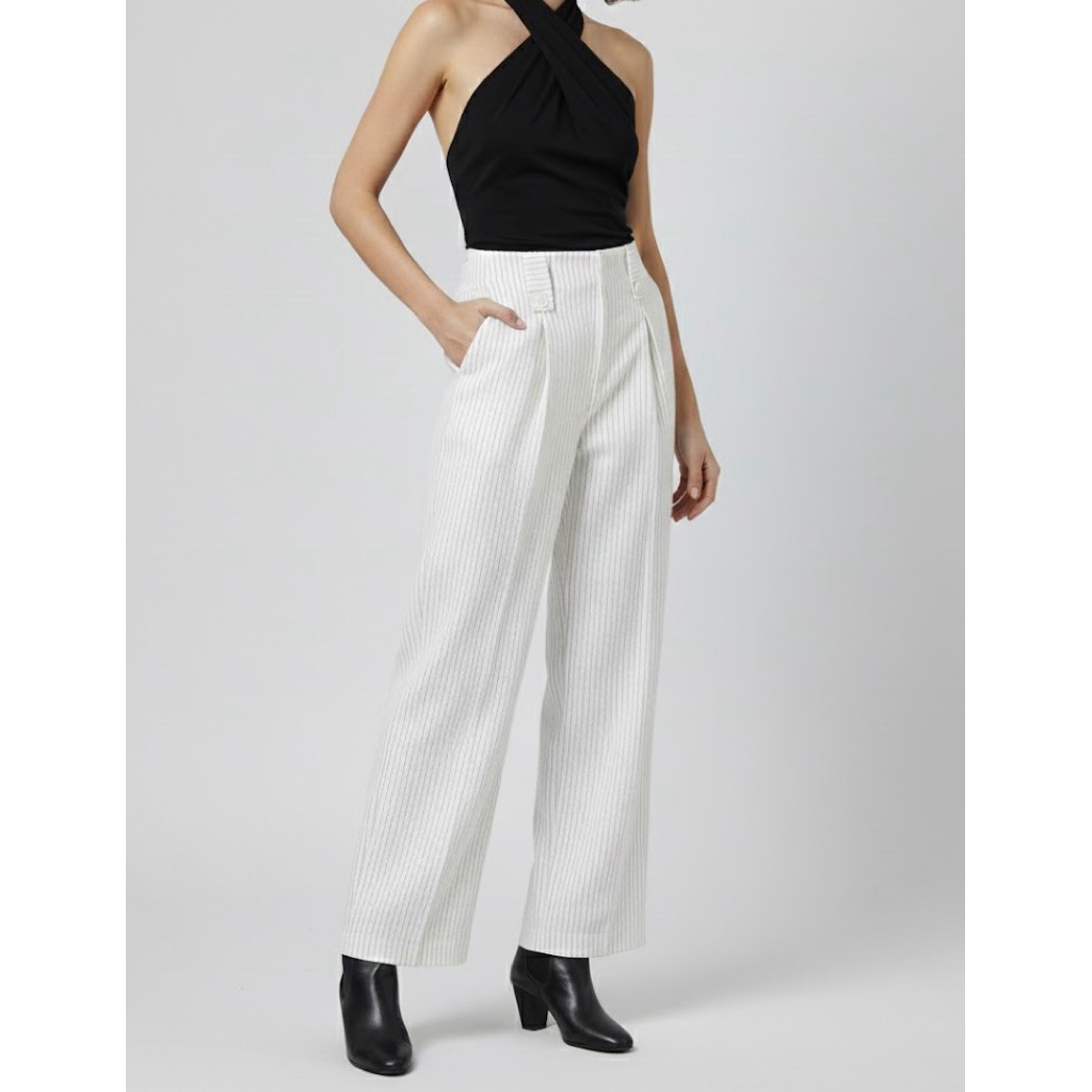 Helena Stripe Pants - Wide Pleated Trouser Loose Pants Wanita - Celana Kulot Highwaist Motif Pinstri