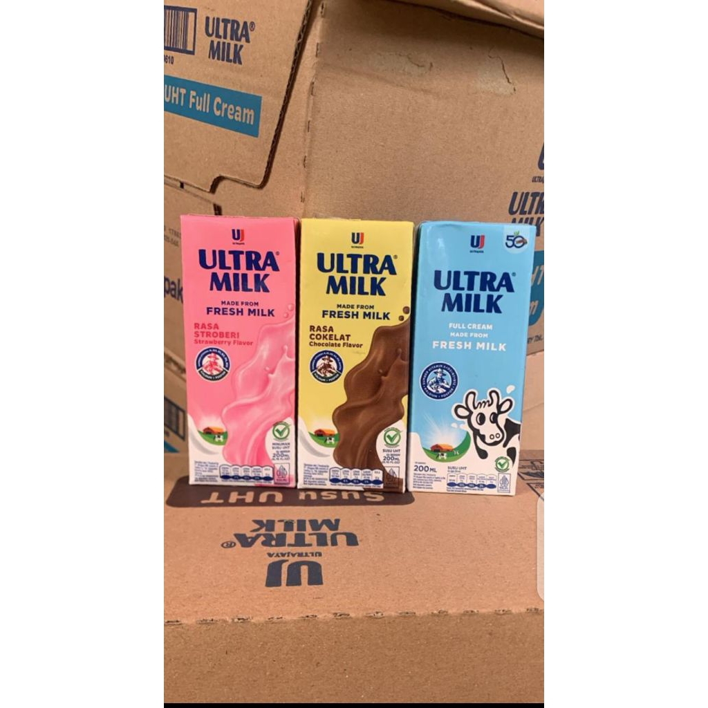 1 dus isi 24 pcs susu kotak ultra milk UHT 200 ml rasa full cream/ strawberry/ coklat harga murah gr