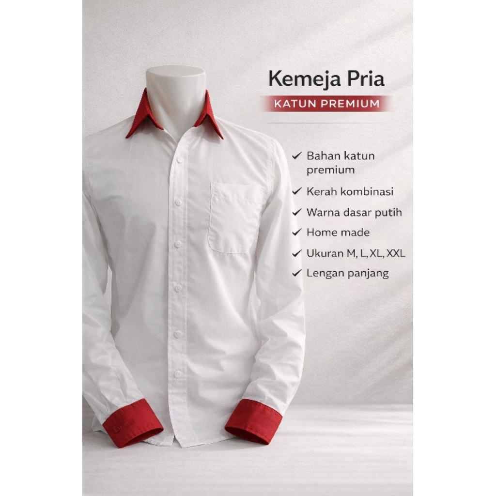 Kemeja pria putih kombinasi lengan panjang