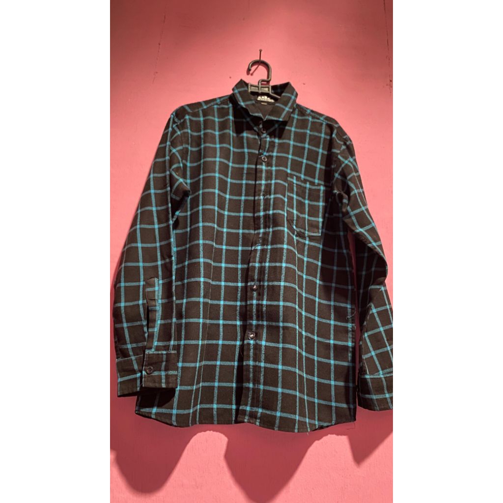 kemeja garis hijau pria wanita motif kotak premium