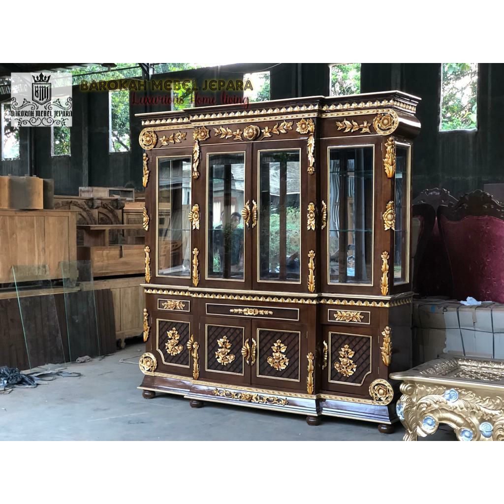 lemari kaca display hiasan ruang tamu kayu jati ukiran mewah pintu 4