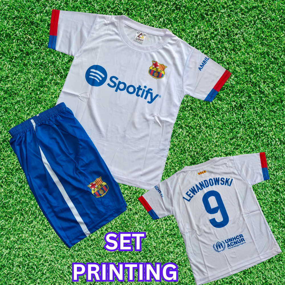 setelan baju bola barcelona putih anak/jersey barcelona home/jersey barcelona away/jersey lewandoski