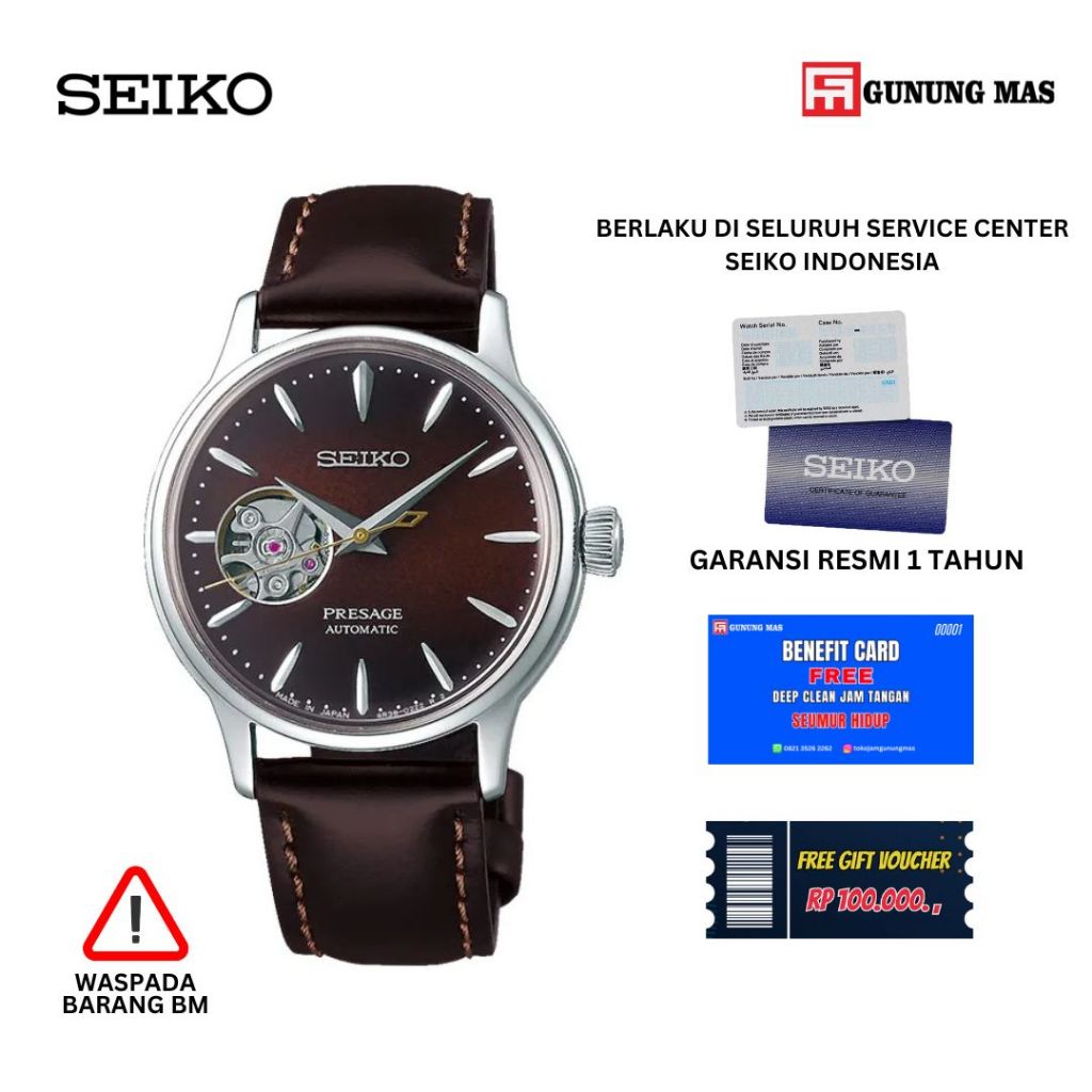 Jam Tangan Wanita Seiko Presage SSA783J1 Cocktail Time Stinger Automatic Open Heart Dial Brown Leath