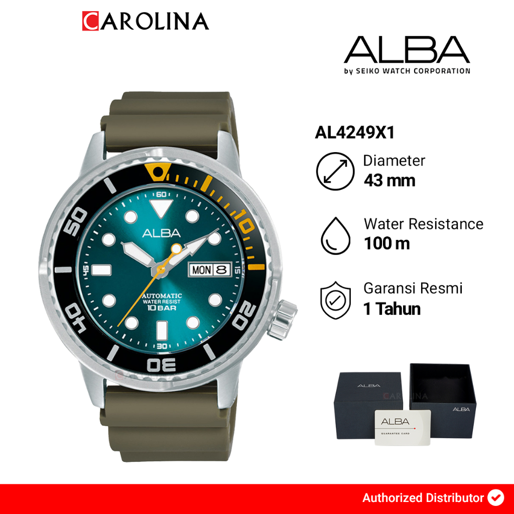 Jam Tangan Pria Alba Mechanical AL4249X1 Automatic Green Emerald Dial Green Army Rubber Strap