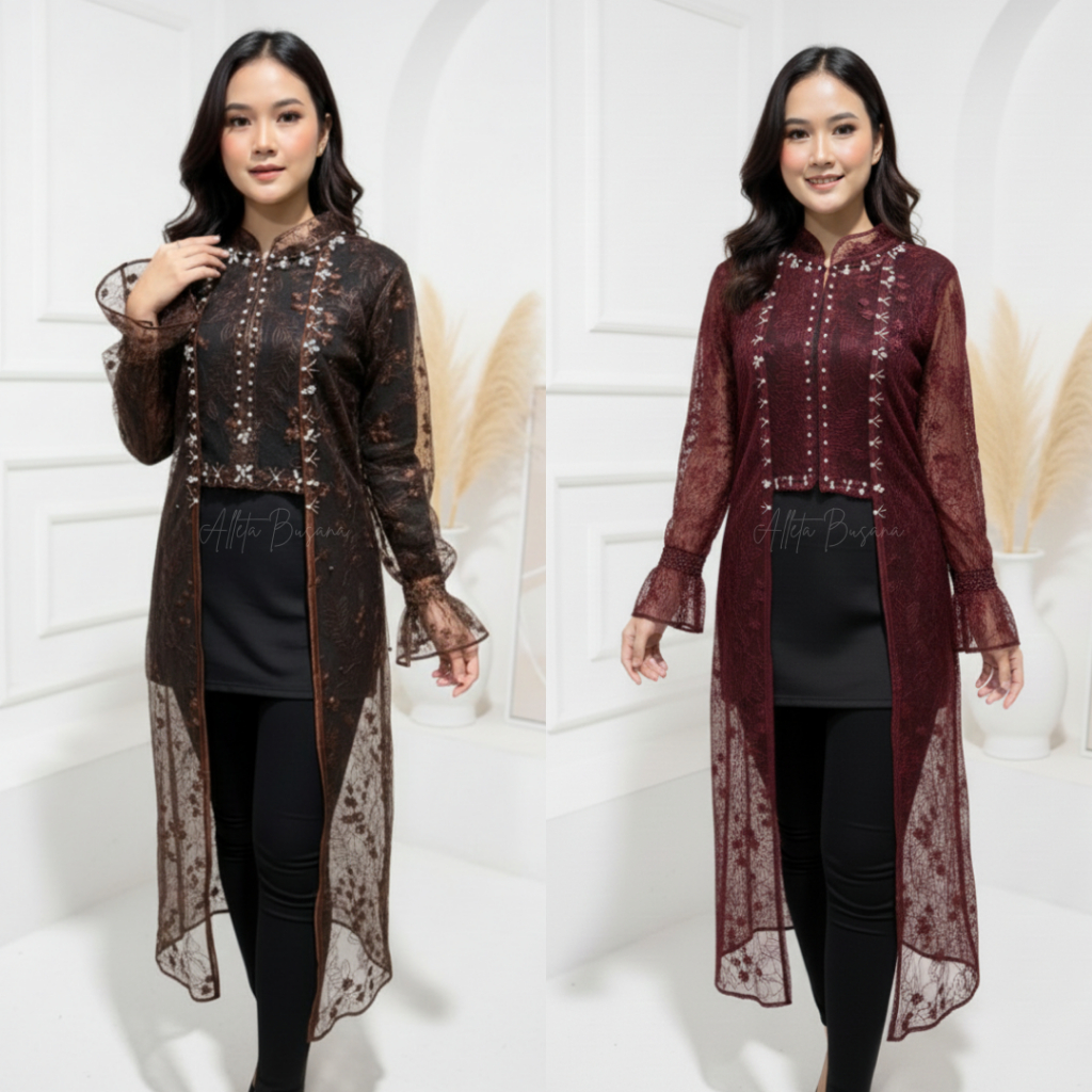 Outer Brokat Panjang Outer Lebaran Kondangan Wisuda Premium Full Payet Busui Outer Tali Pinggang