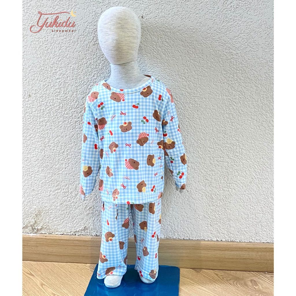 Yukidu Sleepwear Setelan Piyama Kids Bear Kotak - kotak blue Bamboo Organik