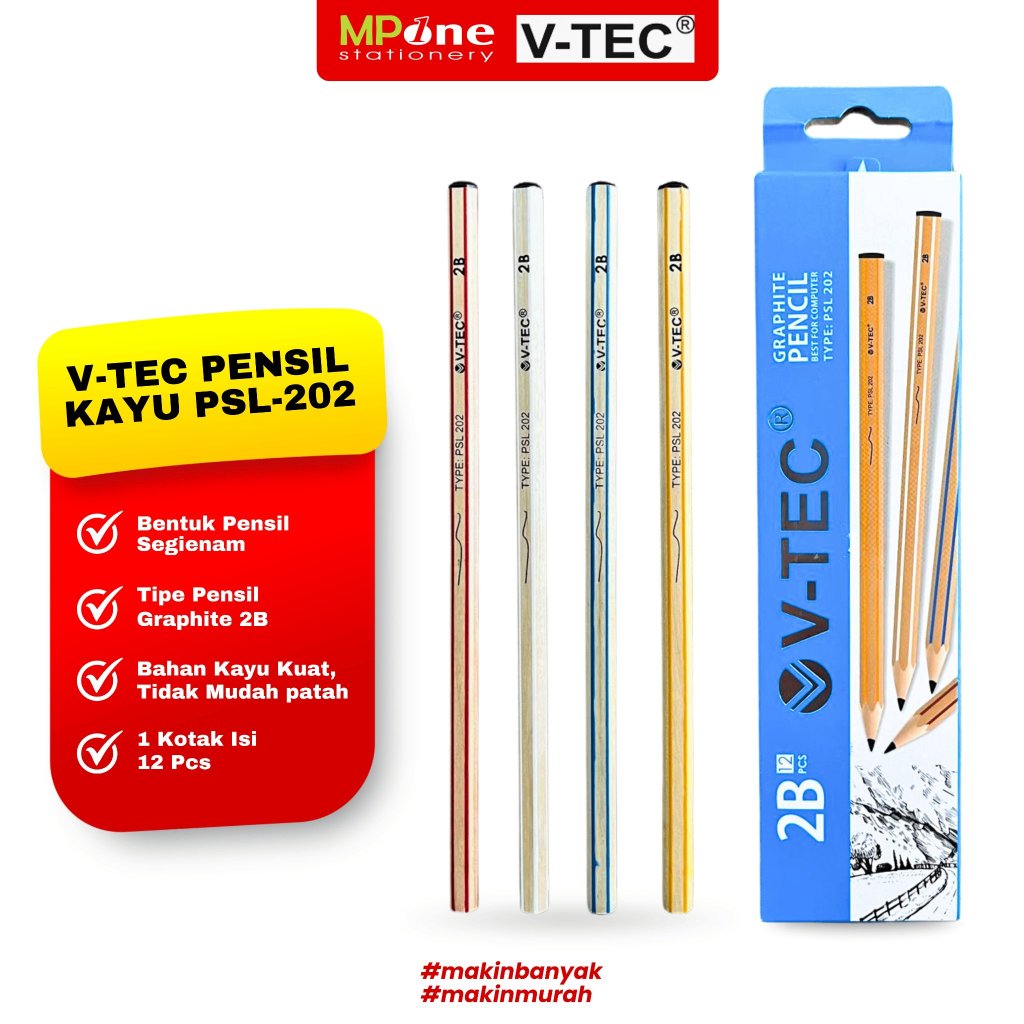 (1 KOTAK) V-Tec Pensil Kayu Graphite 2B PSL-202/ Pensil Ujian Warna Warni 2B Isi 12 Pcs V-TEC