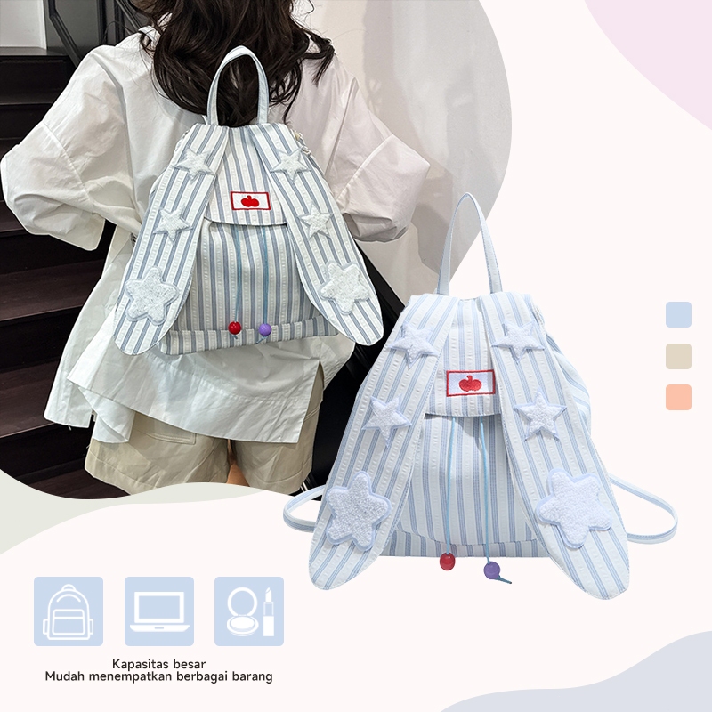 Ransel Wanita Lucu Kelinci Stripe Tas Perguruan Tinggi Tas Ransel Wanita Lucu Kelinci Telinga Canvas