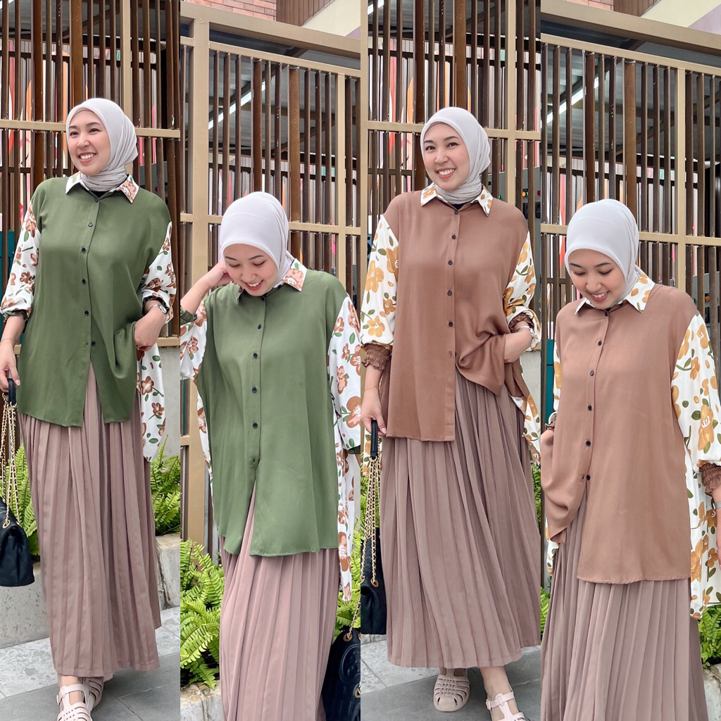 CADENZA BLOUSE .. Blouse Rayon Premium kombinasi polos dan motif bunga,, Best Seller