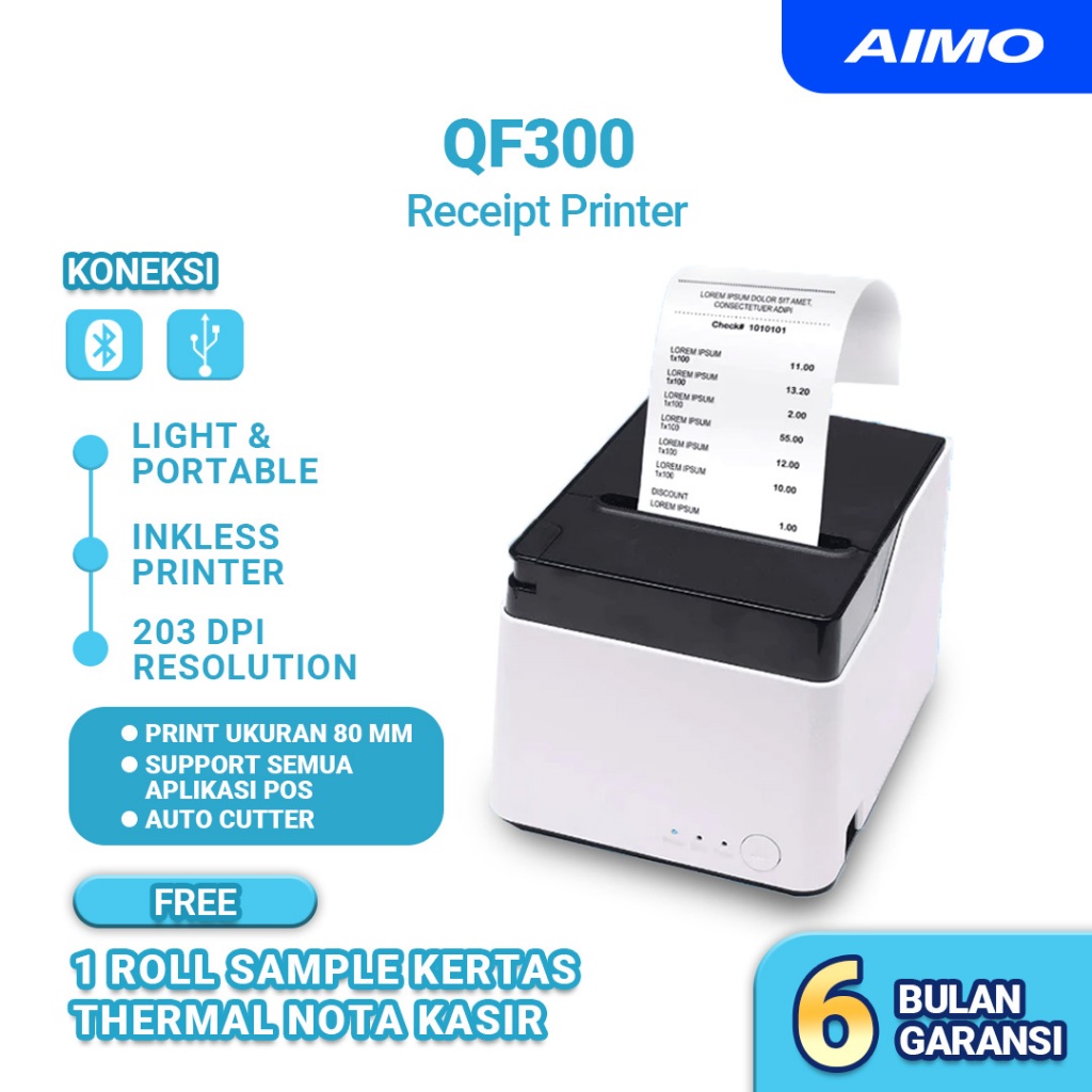 AIMO QF300 Thermal Printer Bluetooth 80 mm Struk POS Nota Mesin Kasir Inkless Auto Cutter