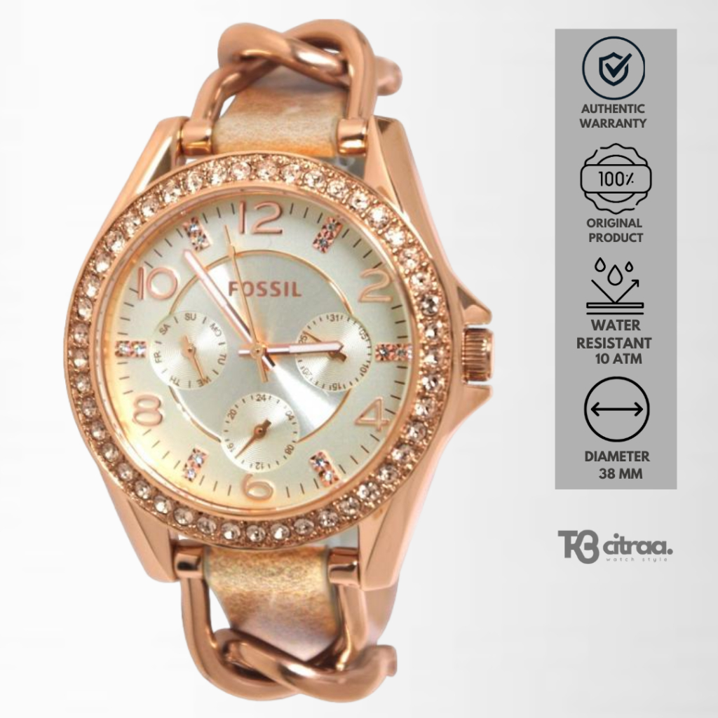 Jam Tangan Wanita Fossil Riley Chronograph Kulit Mewah Casual Original ES3466
