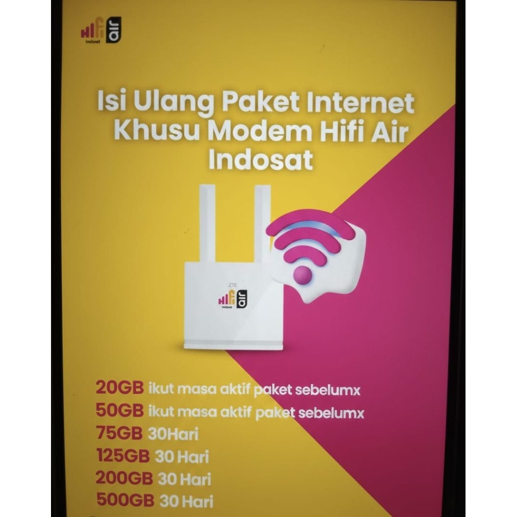 Isi Ulang Kuota Modem Hifi Air Indosat & Tri 75GB- 500GB Bulanan