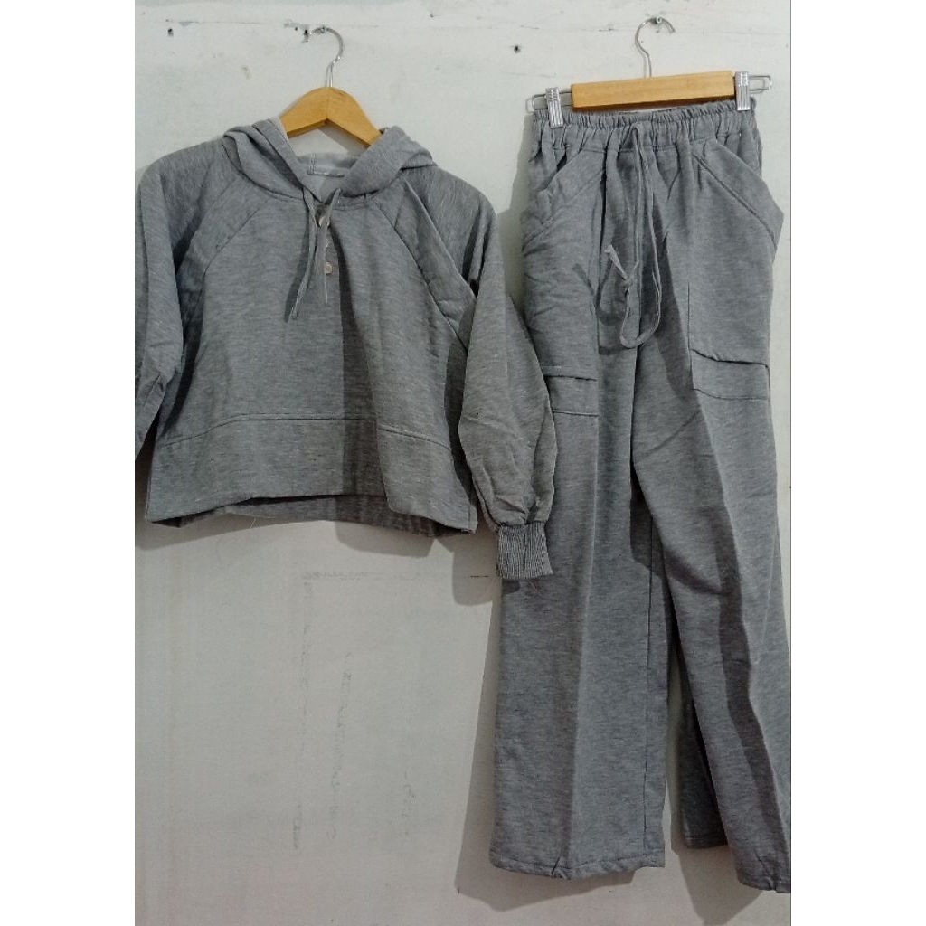Set Olga Wanita Bahan Fleece warna abu