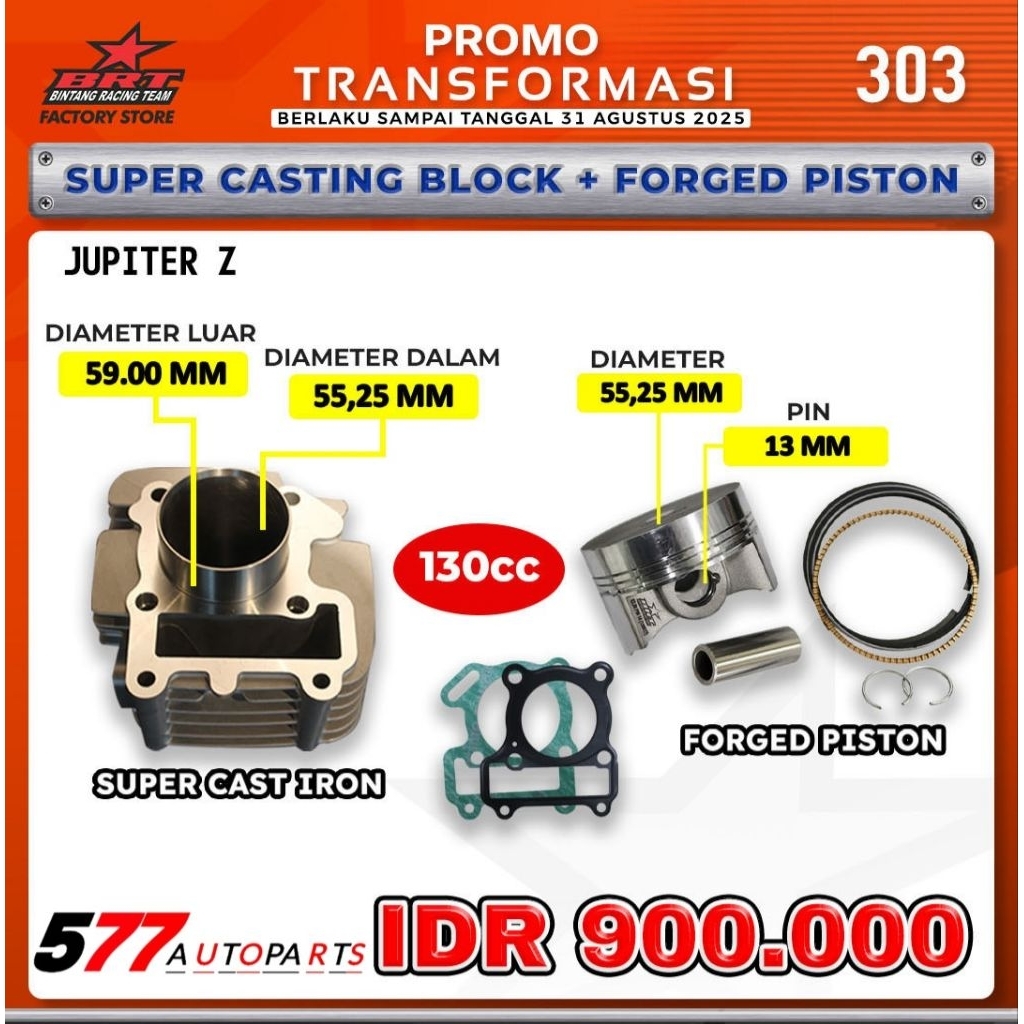 Blok Cast Iron 55.25mm + Piston Bore Up 130cc Jupiter Z 5TP