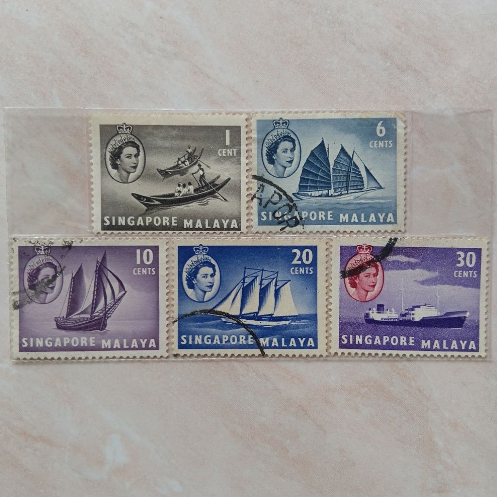 Perangko Prangko Kuno Singapore Singapura 1955 Seri Queen Elizabeth II Pictorials 5 Pcs - YN3106