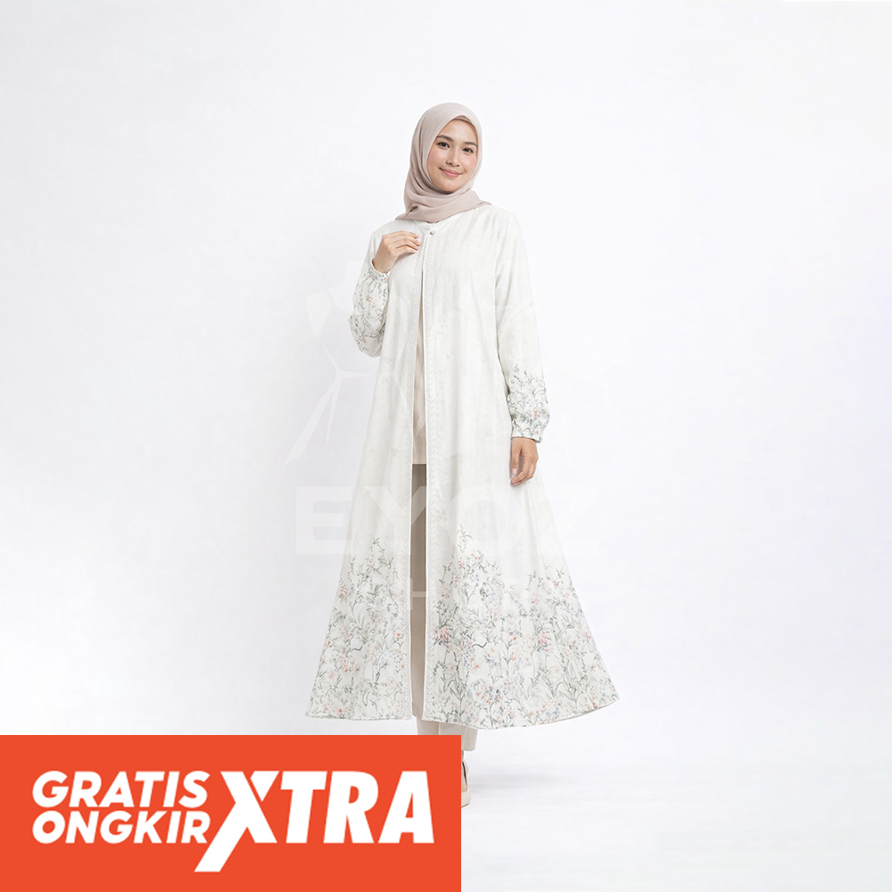 Gamis Outer Wanita Motif Bunga Gamis Putih Floral Lengan Panjang Muslimah Elegan Adem