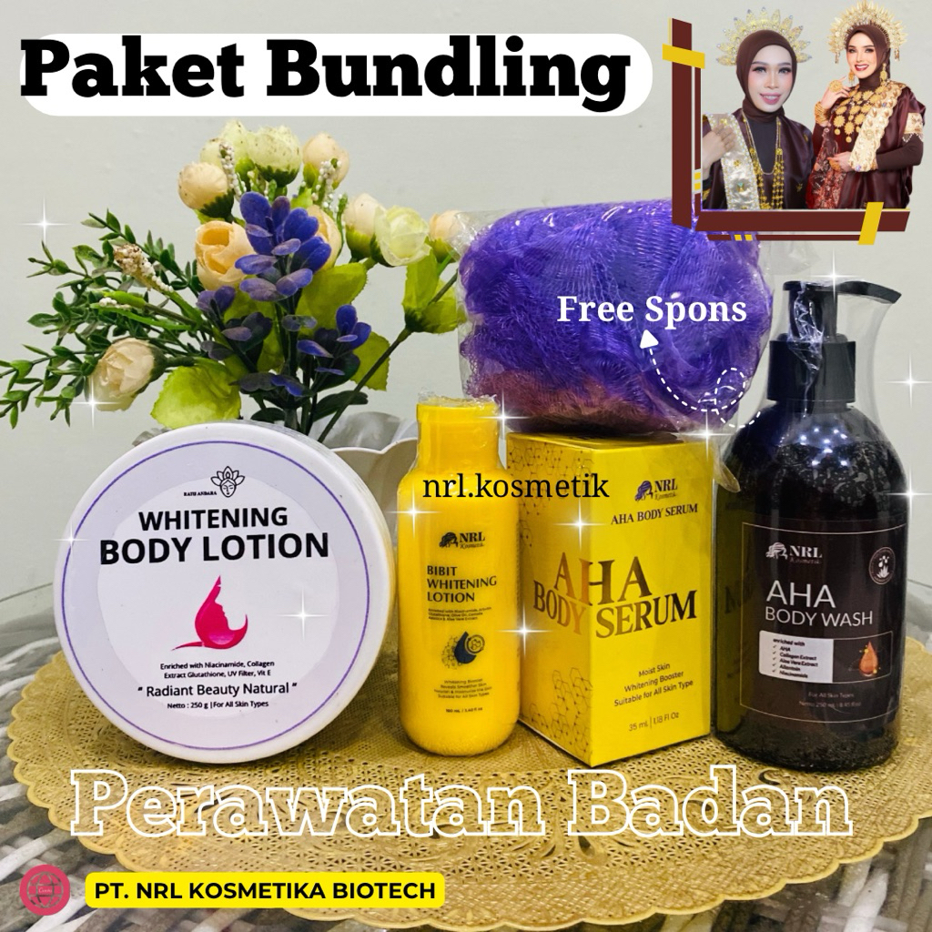PAKET BUNDLE BODY LOTION, AHA BODY SERUM, BIBIT PEMUTIH, AHA BODY WASH NRL KOSMETIK ORIGINAL