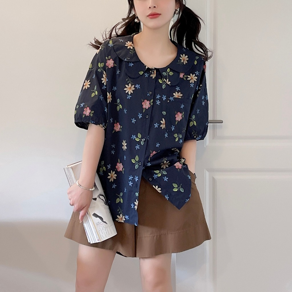 BLUS OVERSIZE KATUN BIRU NAVY HIJAU MOTIF BUNGA KERAH STATEMENT COLLAR BELAH KOREA IMPORT