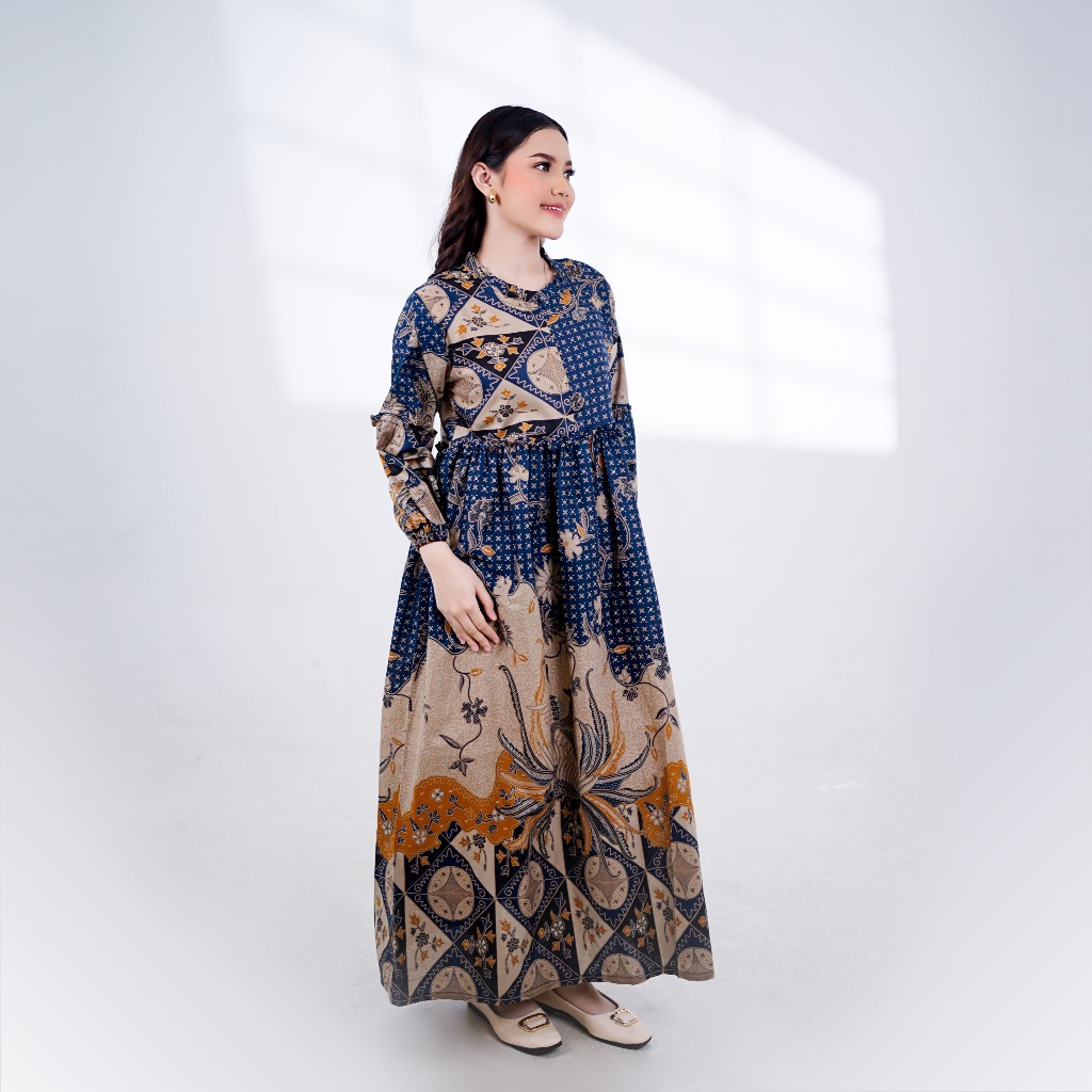 BATIK TRUSMI Dress Batik Wanita Gamis Batik Alisan Motif Burung Kombinasi Cocok Untuk Seragaman