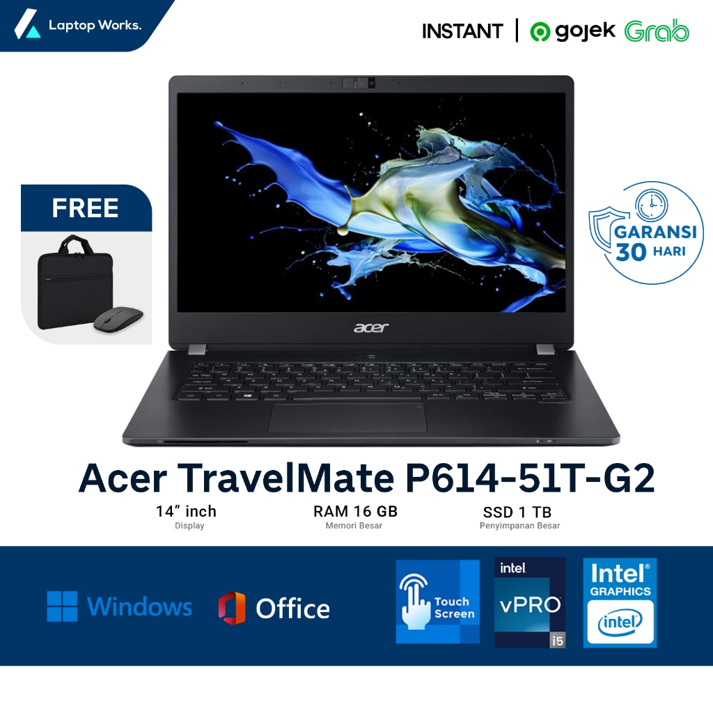Laptop Acer TravelMate P614-51T-G2 Touchscreen Core I7 Gen 10 Free Tas & Mouse | WINDOWS 11 | OFFICE