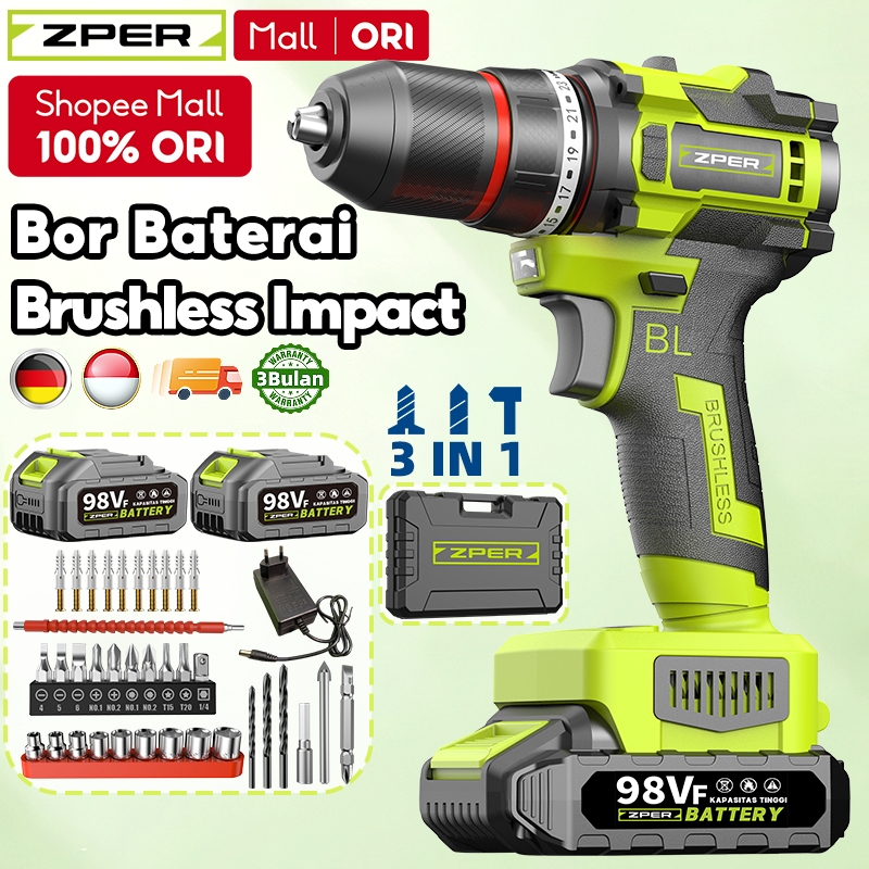 ZPER Mesin Bor 3in1 Cordless Impact Drill Screwdriver Multifunction bor listrik Bor Beton Kayu BesiT