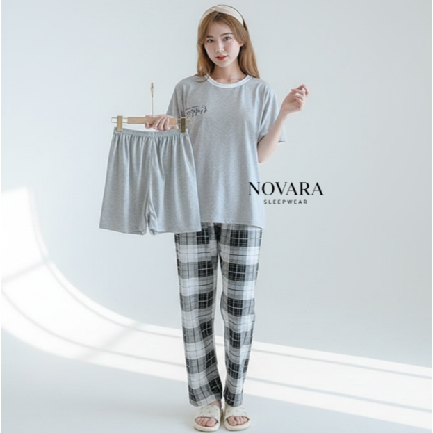 NOVARA Baju Tidur Wanita 3in1 Lengan Pendek | Baju Tidur Piyama Set Wanita 3in1 | Baju Tidur Wanita 