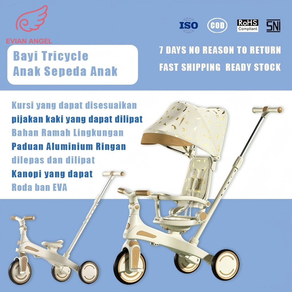EVIANANGEL Sepeda Roda Tiga Tricycle Stroller Baby Sepeda Anak Lipat Pedal Baby Stroller Sepeda Anak