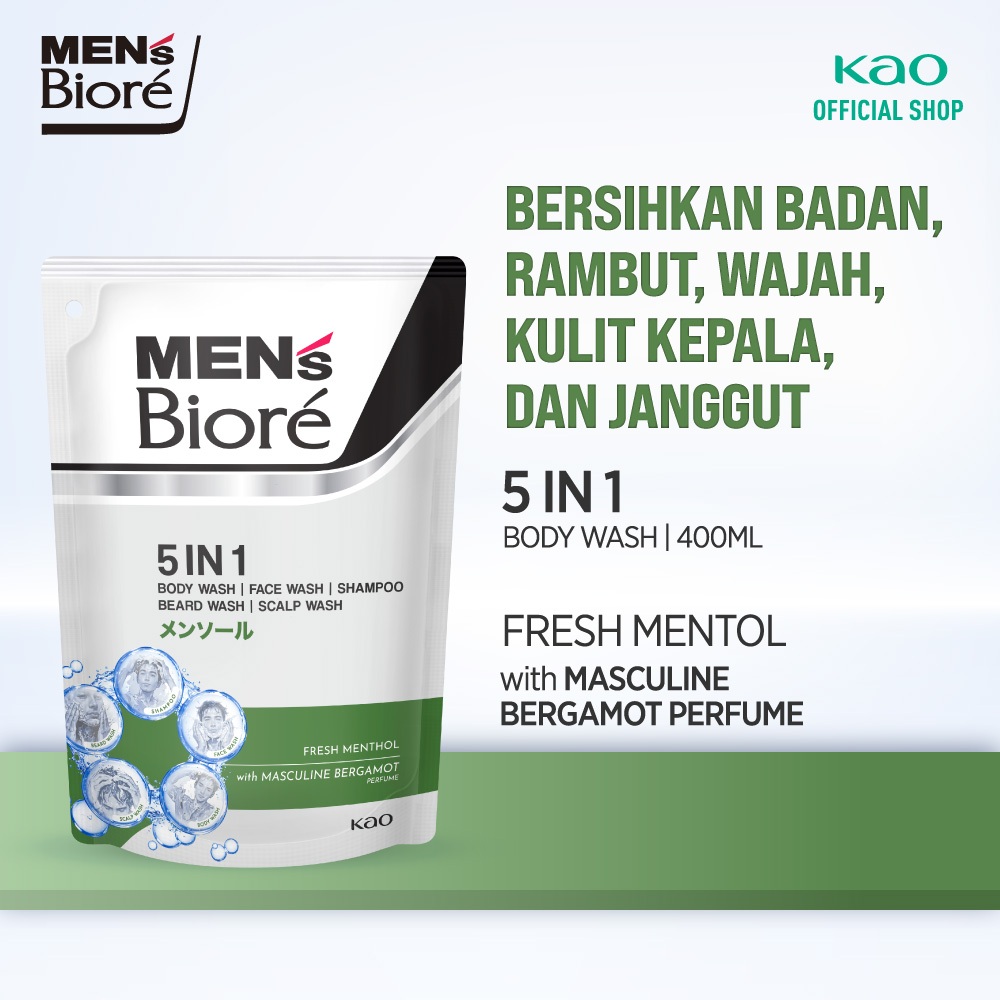 Men's Biore 5 in 1 Shampoo & Sabun Mandi Cair Pria Fresh Menthol 400ml Pouch