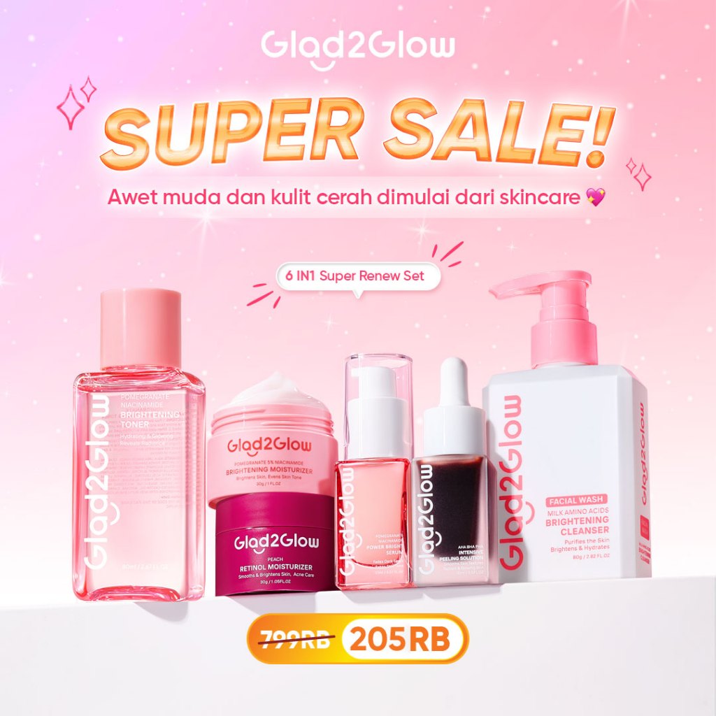 Glad2Glow Cerah Glowing bundle 6in1 6pcs-Brightening toner+Brightening Moisturizer+Milk Facial Wash+Brightening Serum+Retinol moisturizer Pomegranate Niacinamide Mencerahkan Wajah Mencerahkan Melembabkan Kulit skin skincare G2G