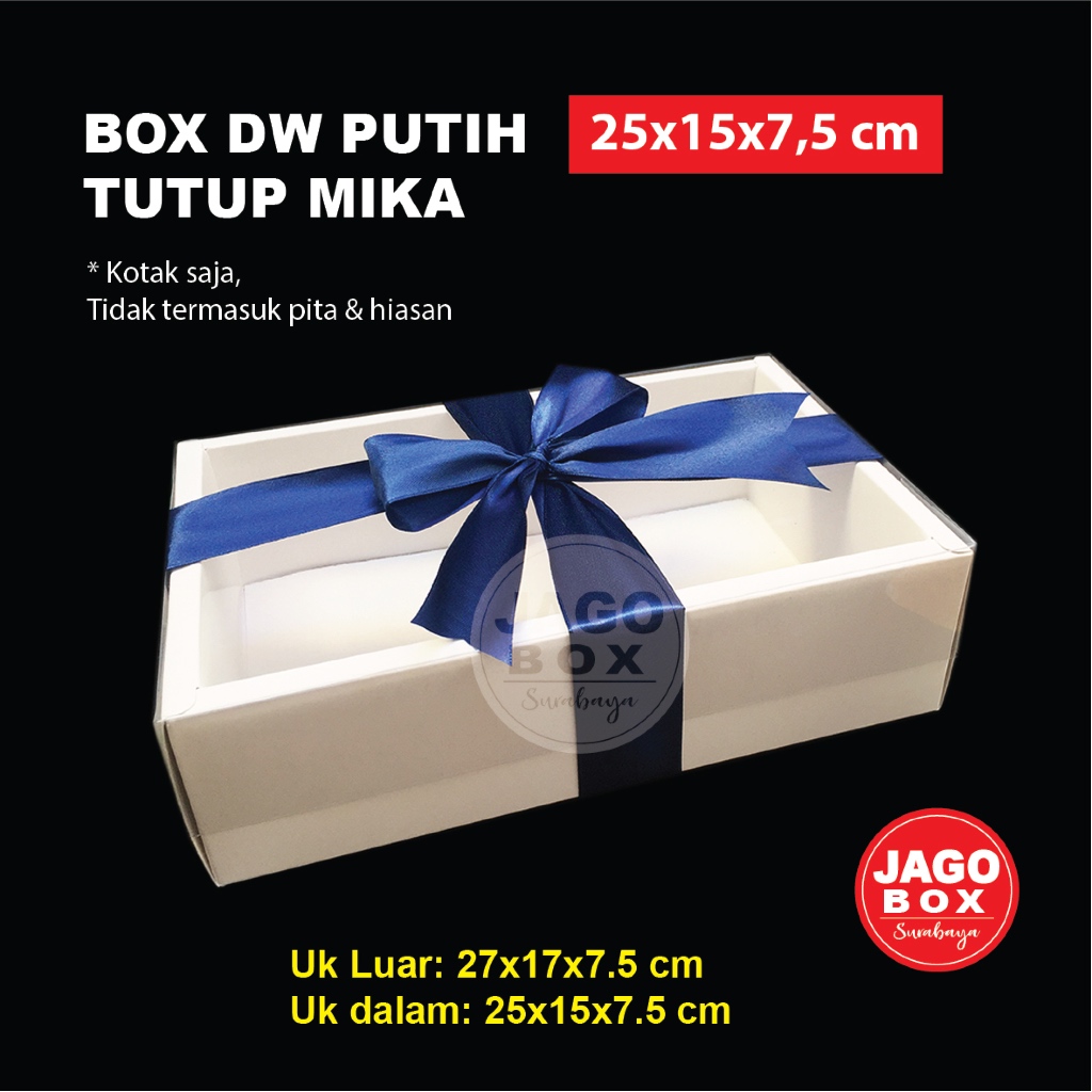 Box DW Kue Kering Souvenir Ivory Putih + Tutup Mika 25x15x7.5 cm