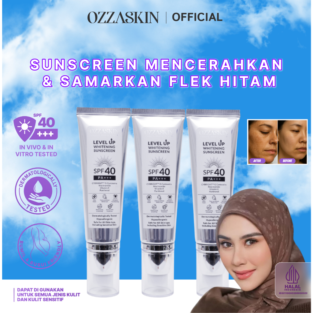 Ozzaskin Level Up Whitening Sunscreen SPF 40 PA+++ 50ml - Bantu Samarkan Flek Hitam & Cerahkan Wajah Tanpa White Cast Mengandung Cybright, Niacinamide & Vitamin E