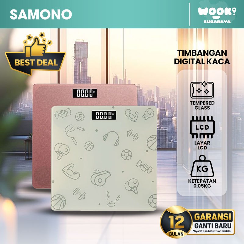 SAMONO Timbangan Badan Digital Kaca LED Display Body Scale Up To 150Kg Presisi 0.05Kg Layar LED 26cm